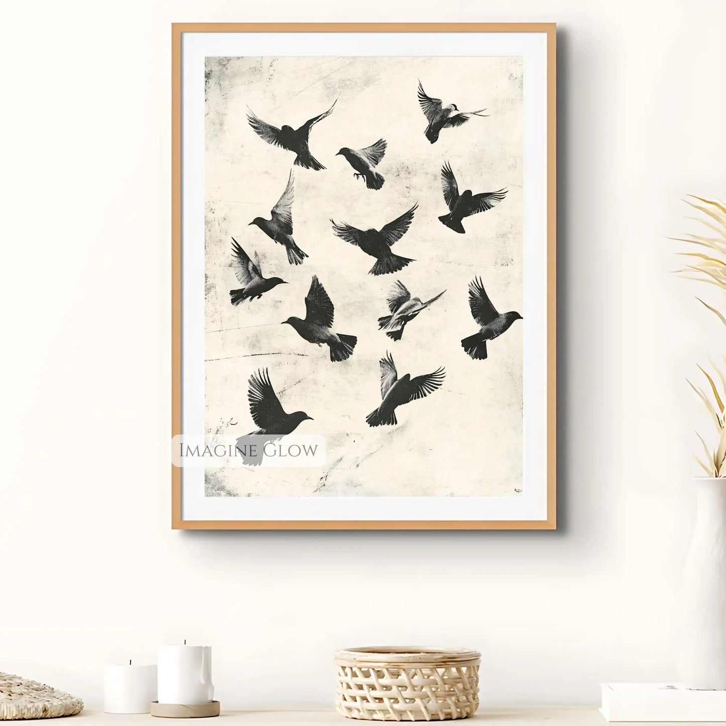 Elegant abstract birds in flight art print for home.