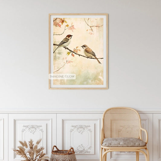 Vintage bird print with soft, muted tones for home decor.