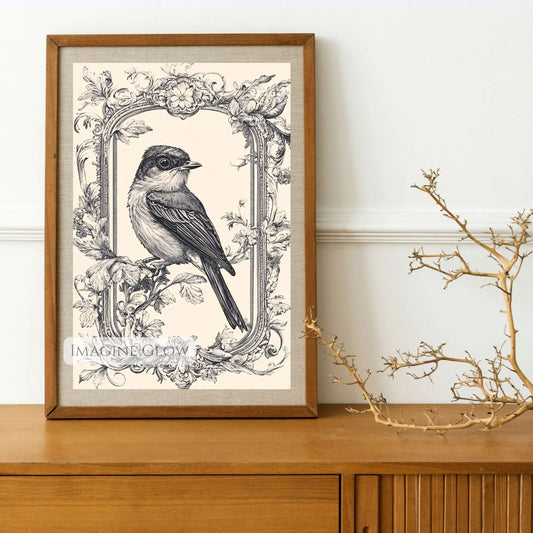 Vintage bird print with intricate antique art details.