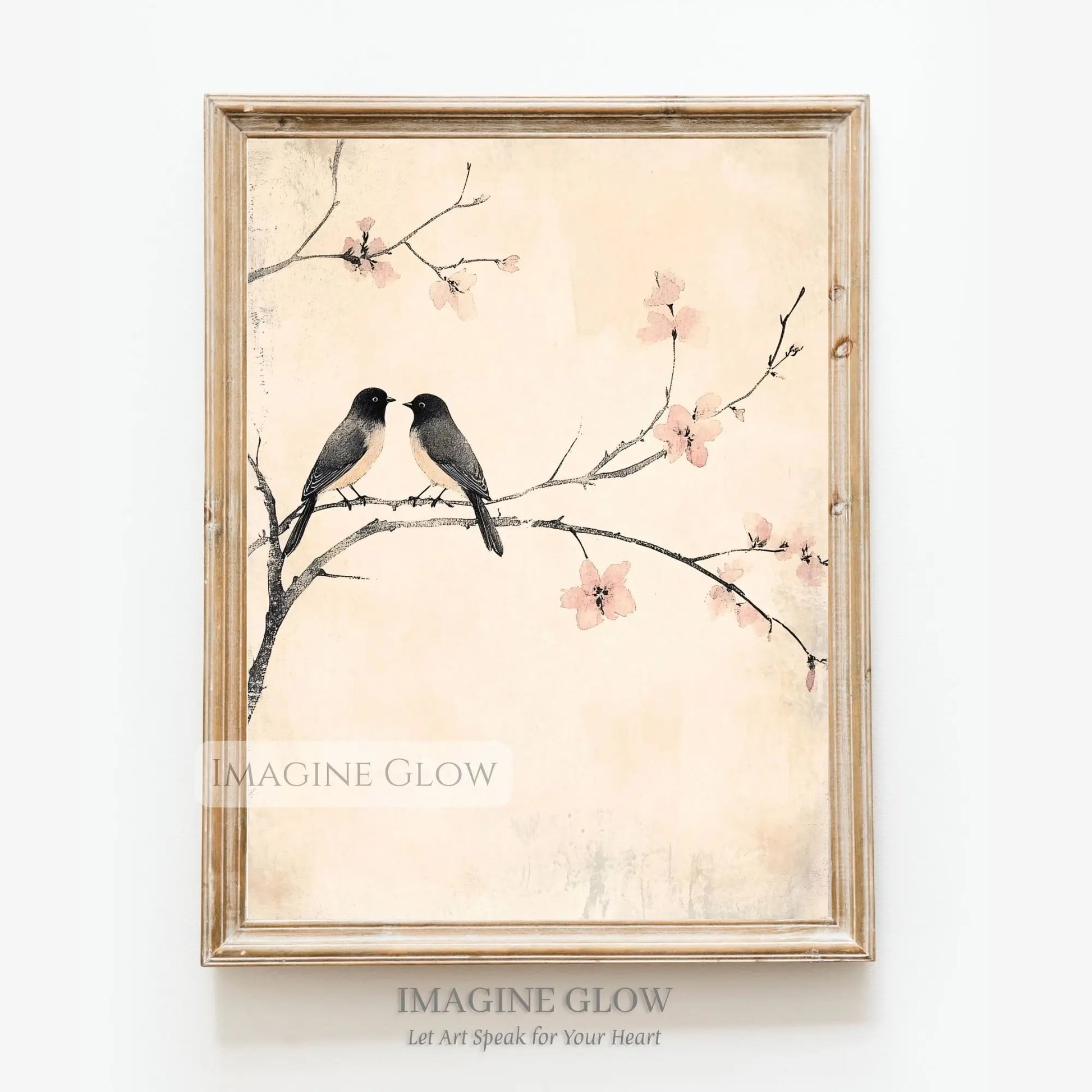 Antique bird illustration of two birds perched on a blooming branch