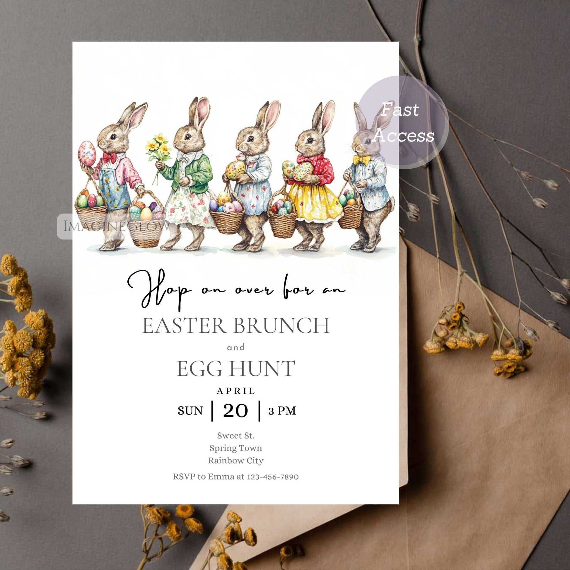 Spring Party Invitation with Bunny & Easter Eggs
