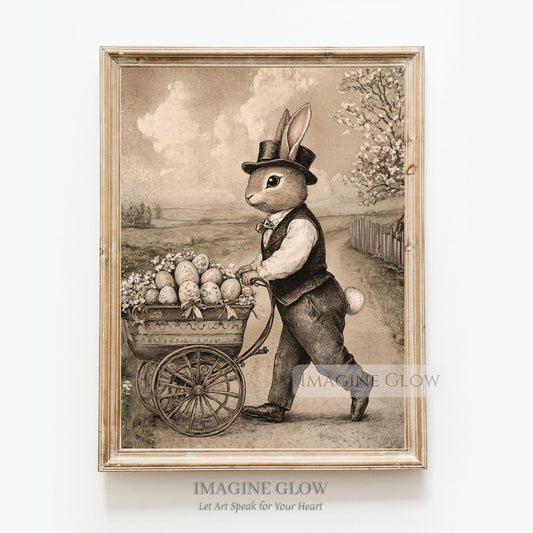 Nostalgic Easter bunny art print with colorful eggs.