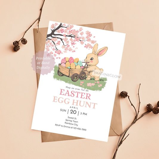 Vintage Bunny Easter Egg Hunt Invitation with Cherry Blossoms