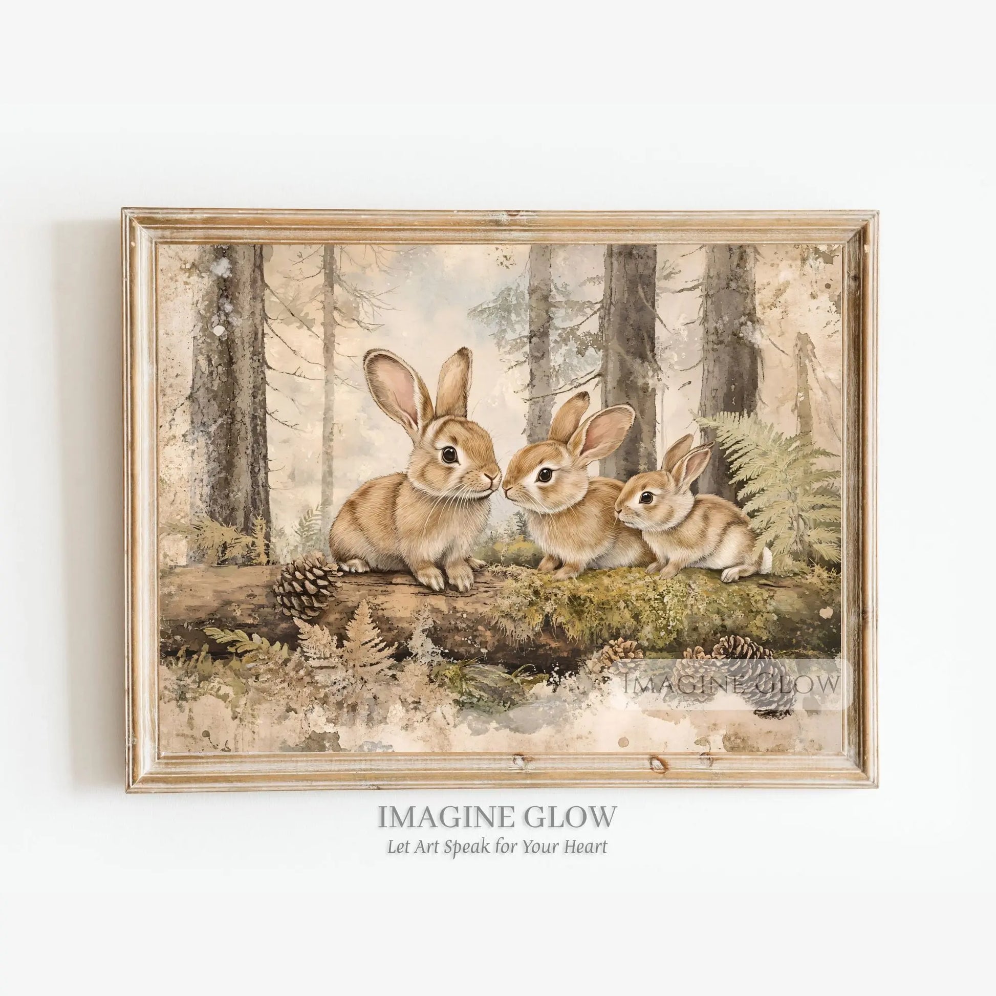 Rustic wall art featuring a bunny family in the woods.