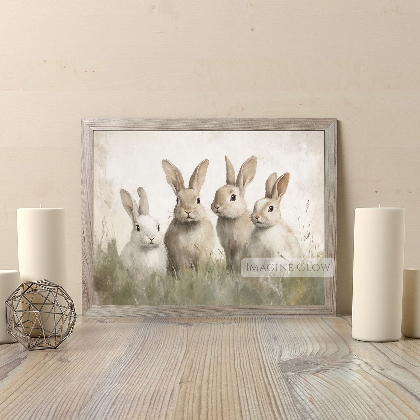 Vintage-style four bunnies in a field print
