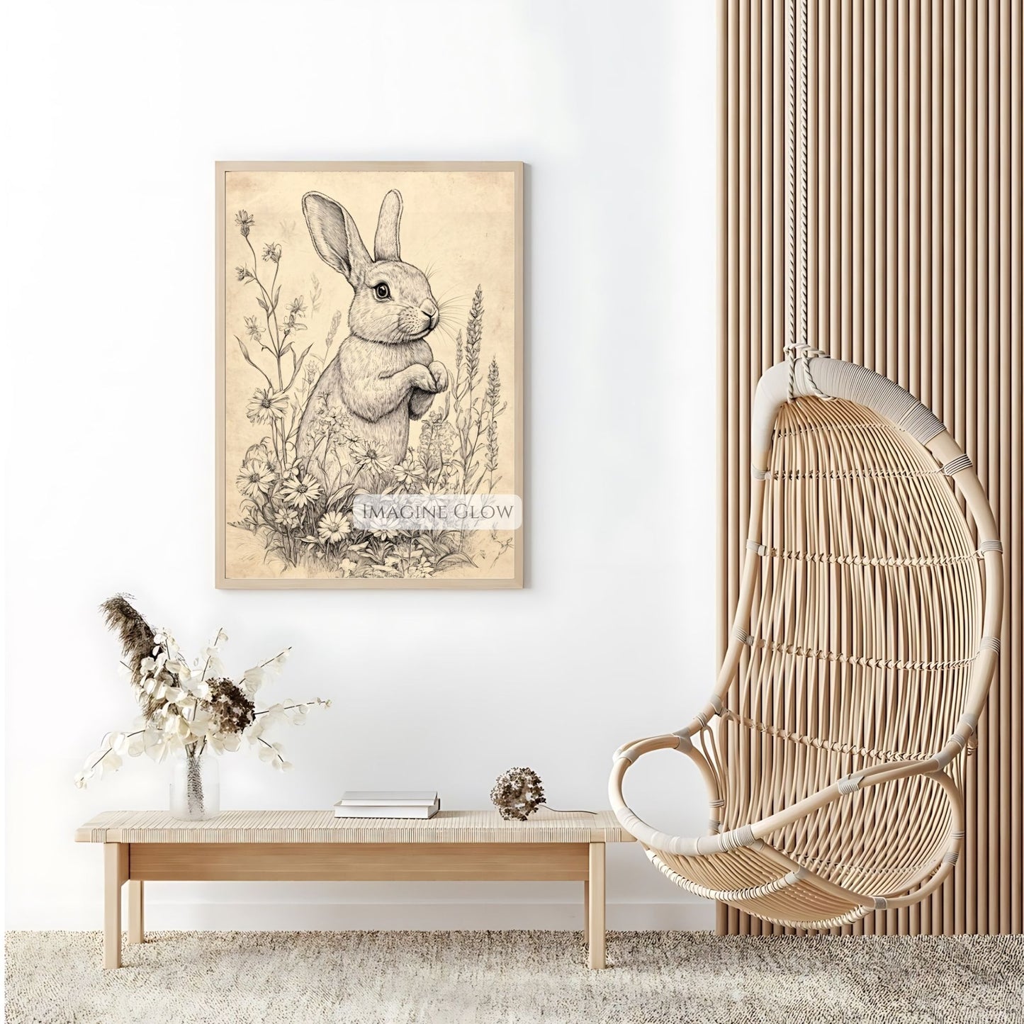 Hand-drawn rabbit with floral accents in vintage style.