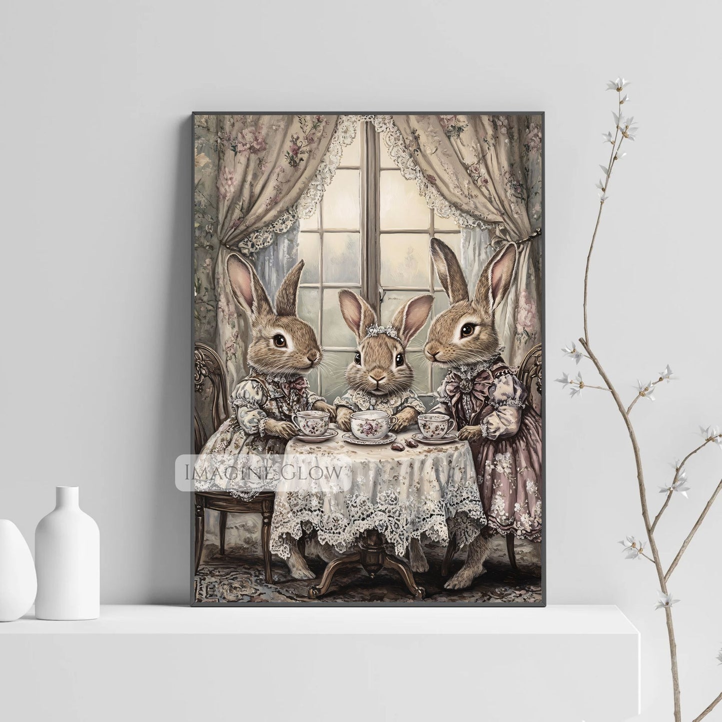 Rabbit tea party vintage illustration wall decor.