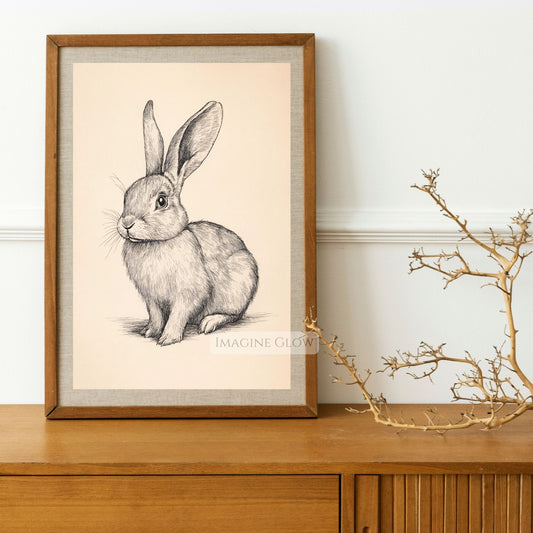 Detailed bunny sketch vintage print for living room wall art.