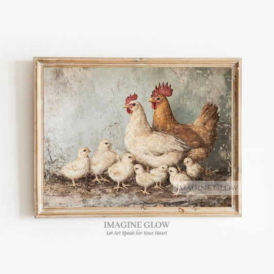 Vintage oil painting of chicken and chicks
