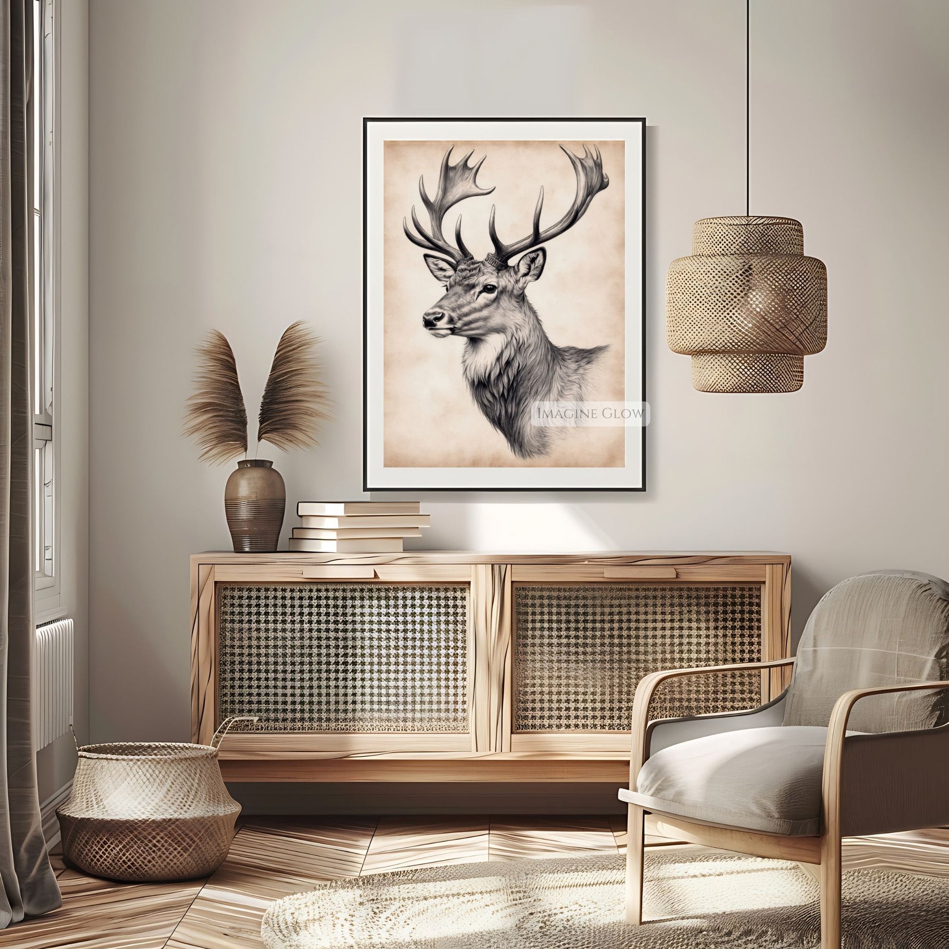 Pencil drawing of a majestic stag for vintage decor.