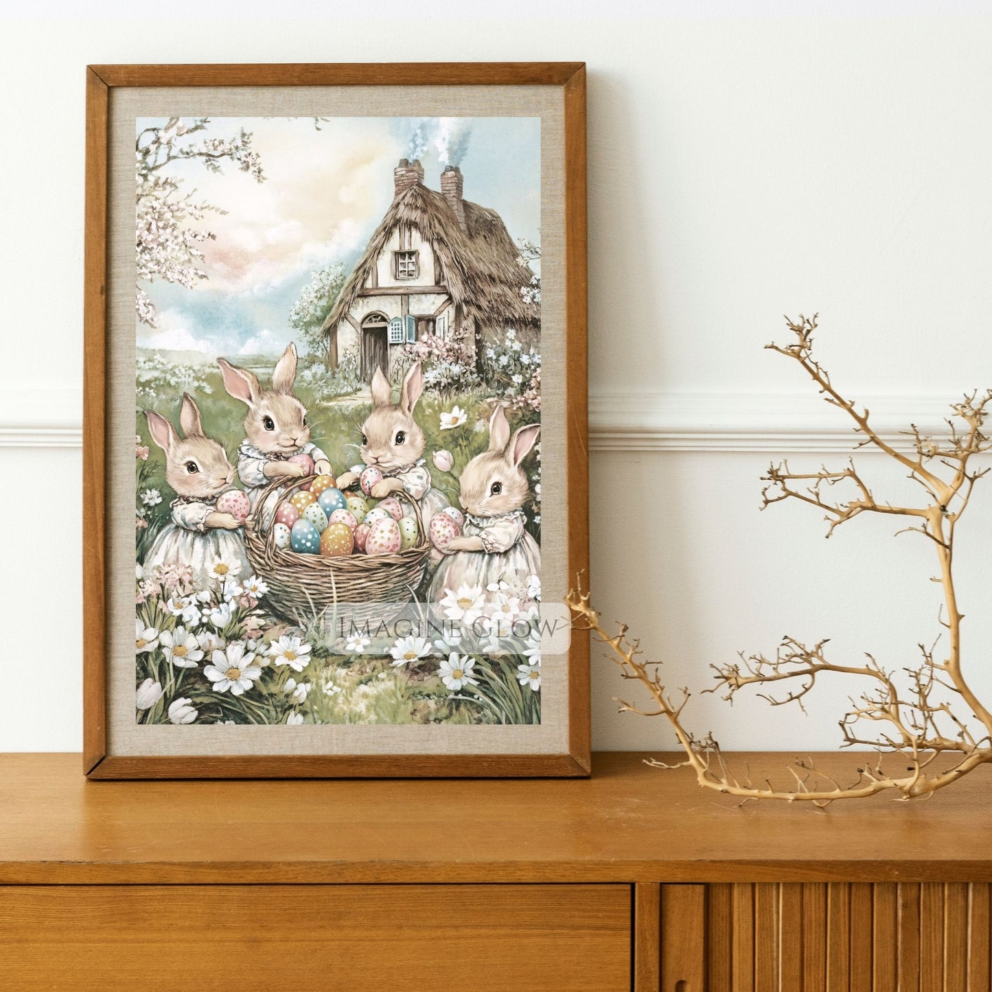 Springtime scene with Victorian rabbits and colorful Easter eggs.