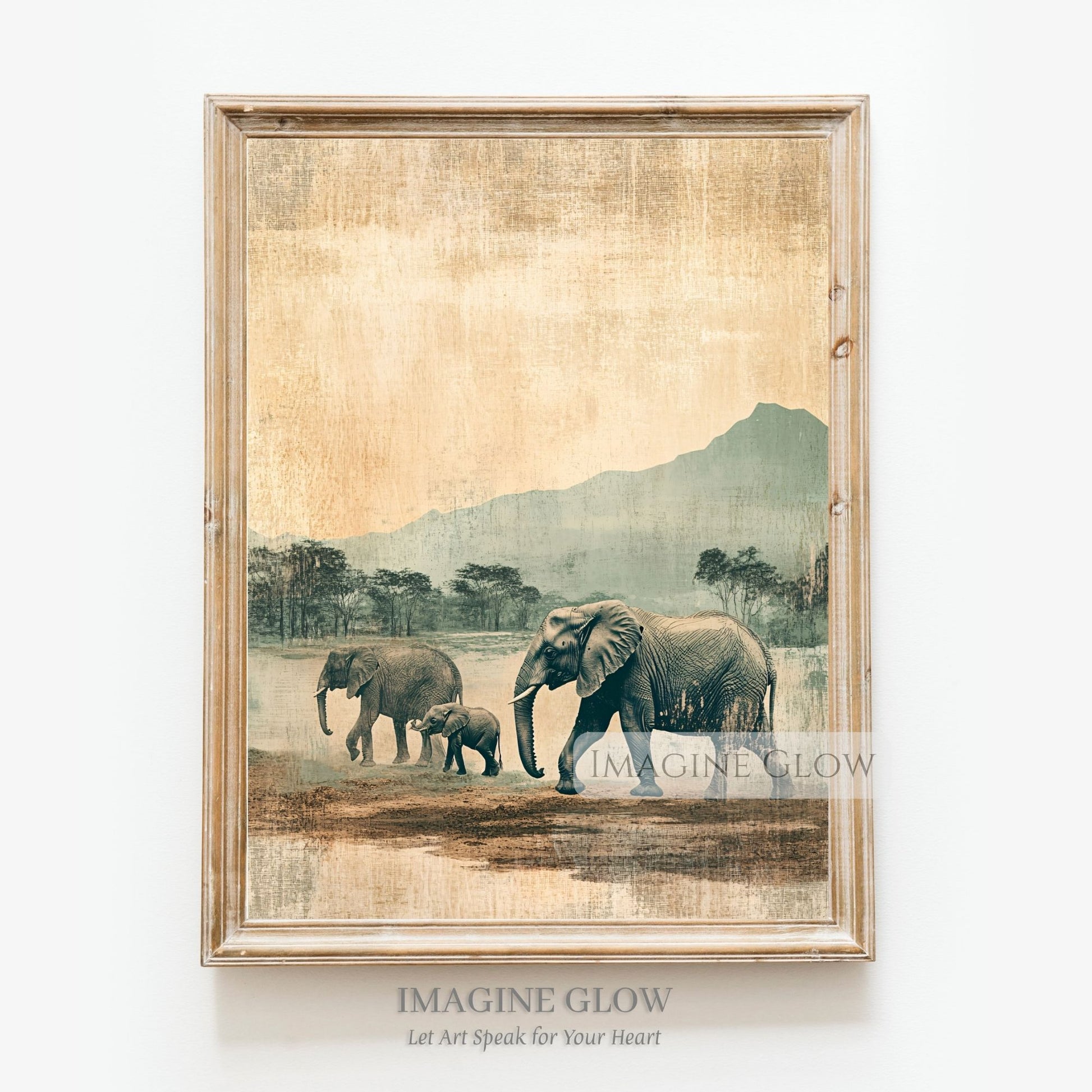 Vintage elephant family art in the African savanna.