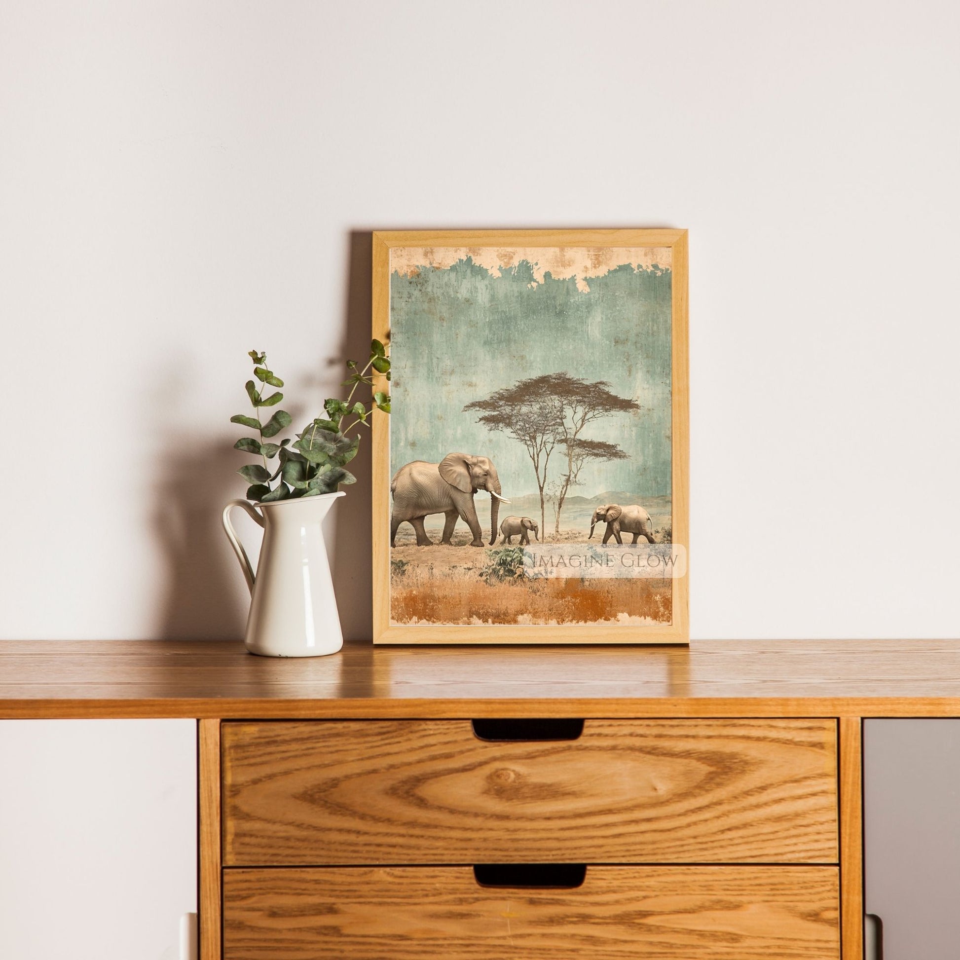 African elephant family walking through the savanna.