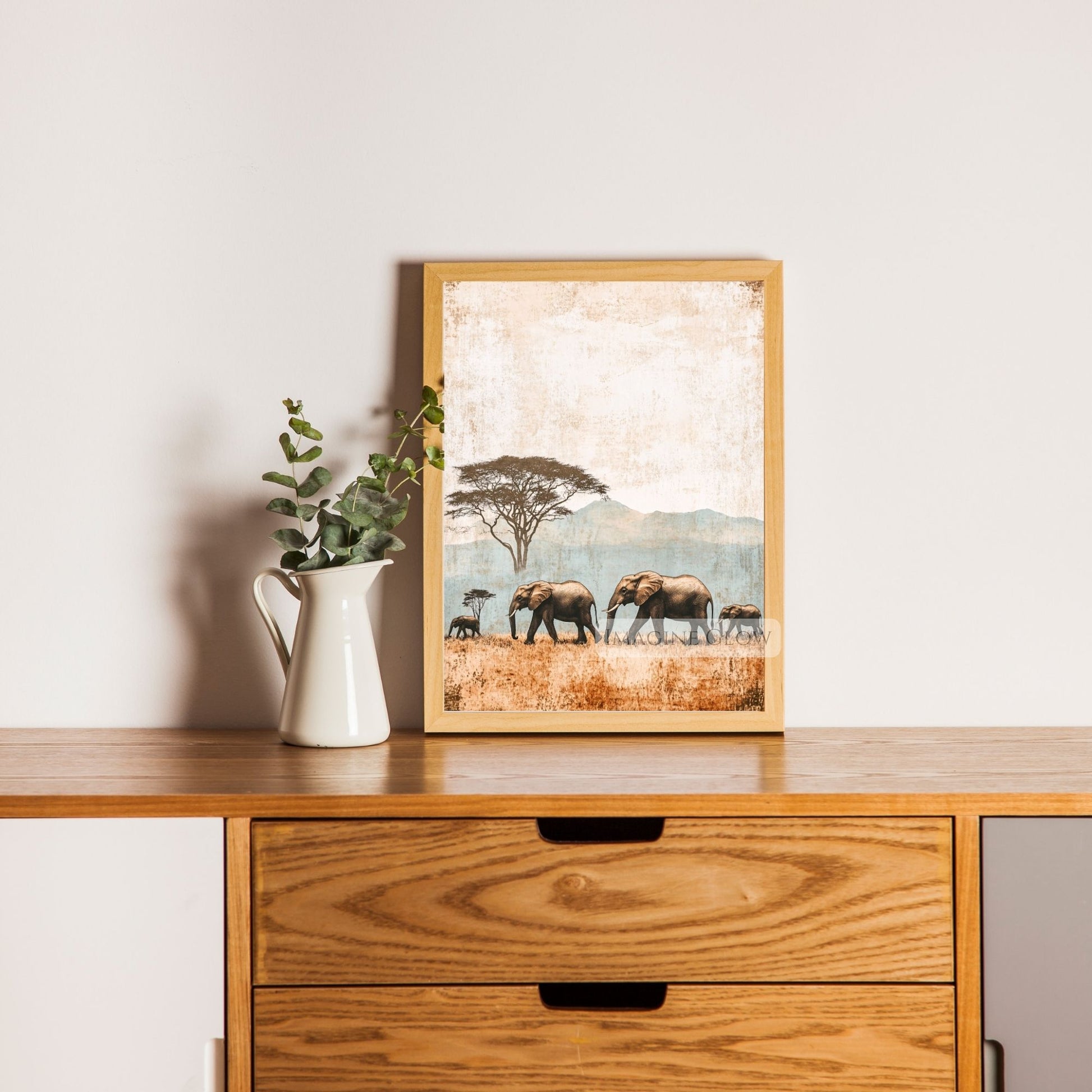 Vintage elephant family art for safari decor.