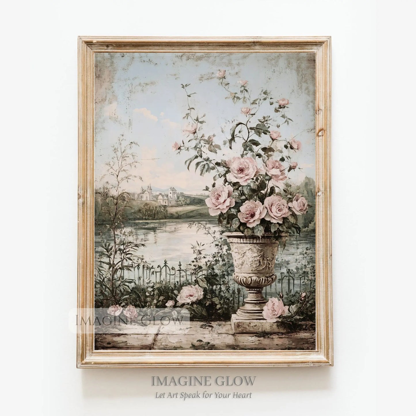 Vintage flower and lake scene art print.