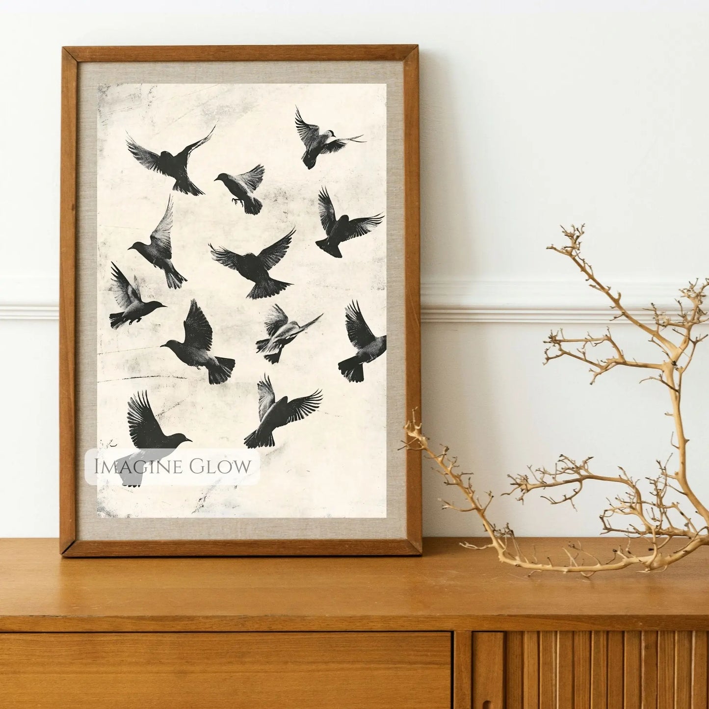 Abstract bird migration print for nature-inspired spaces.
