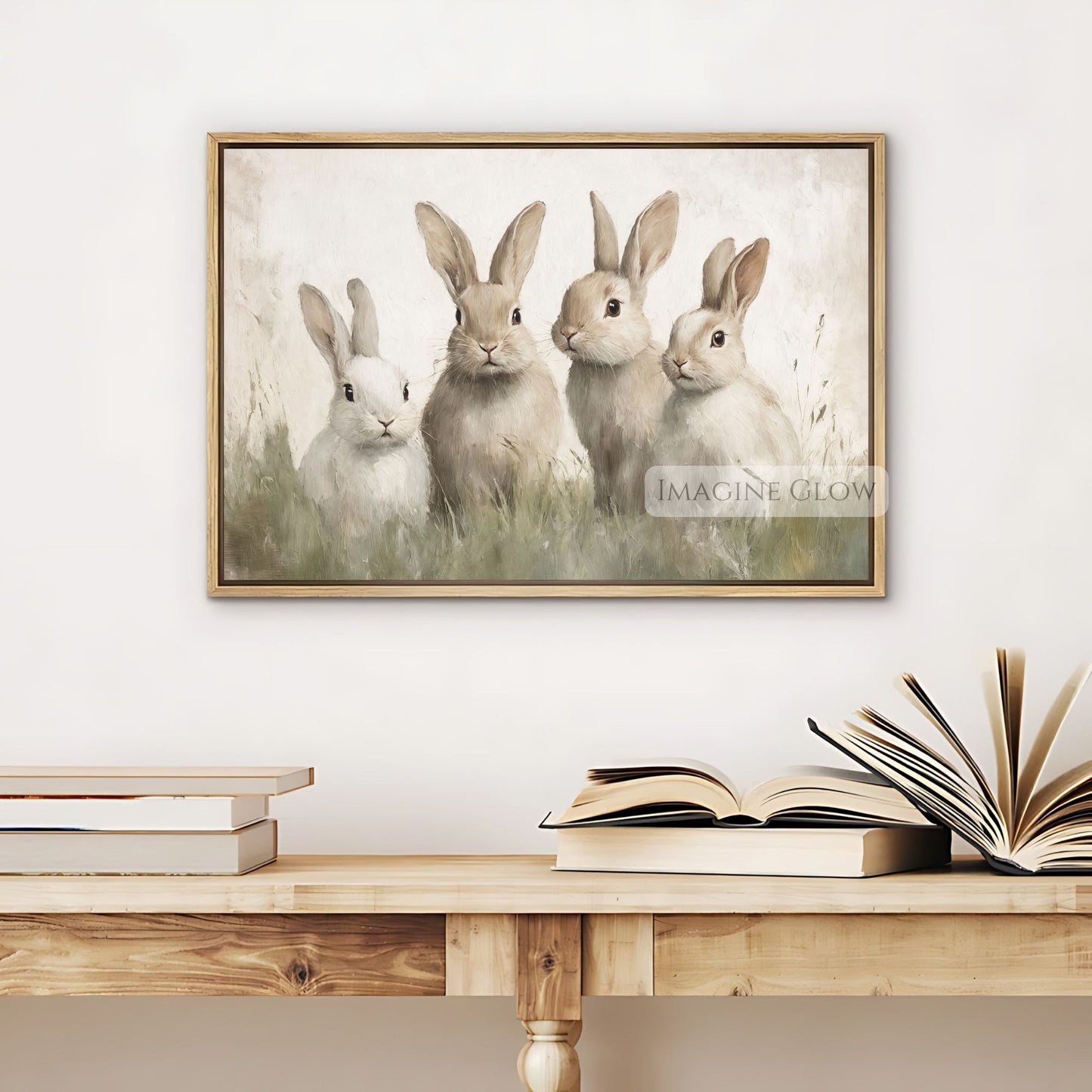 Four bunnies in a meadow - vintage countryside art