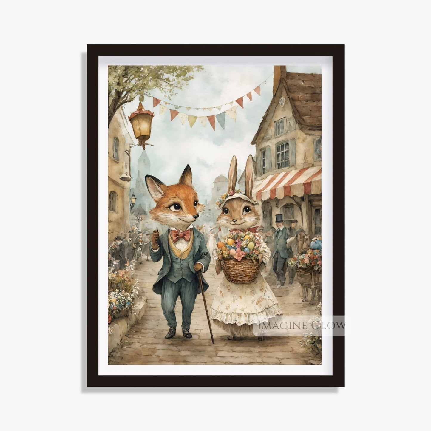 Victorian Fox & Bunny Wall Art with Easter Egg & Flowers