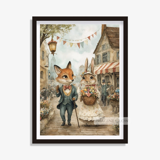 Victorian Fox & Bunny Wall Art with Easter Egg & Flowers