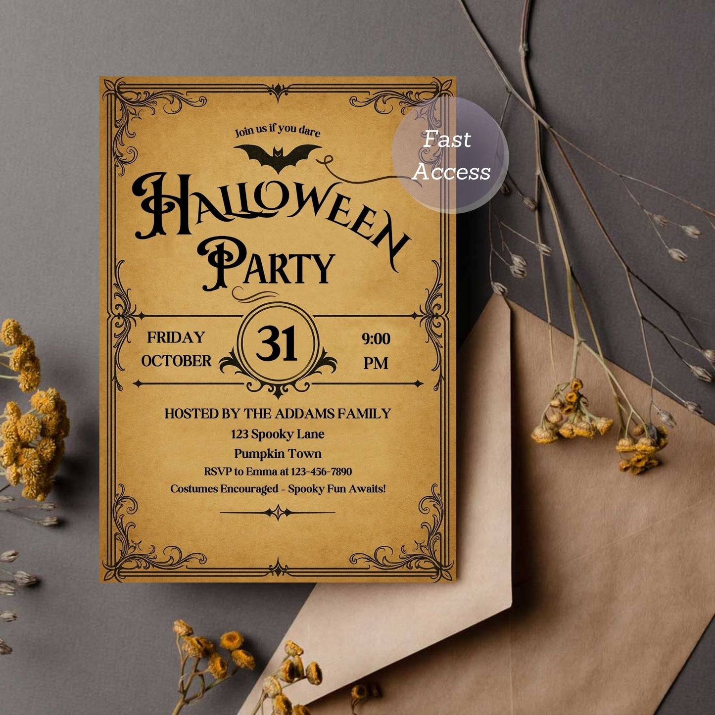 pumpkin-headed man halloween card
antique halloween printable invitation
editable vintage halloween evite
nostalgic halloween party invite