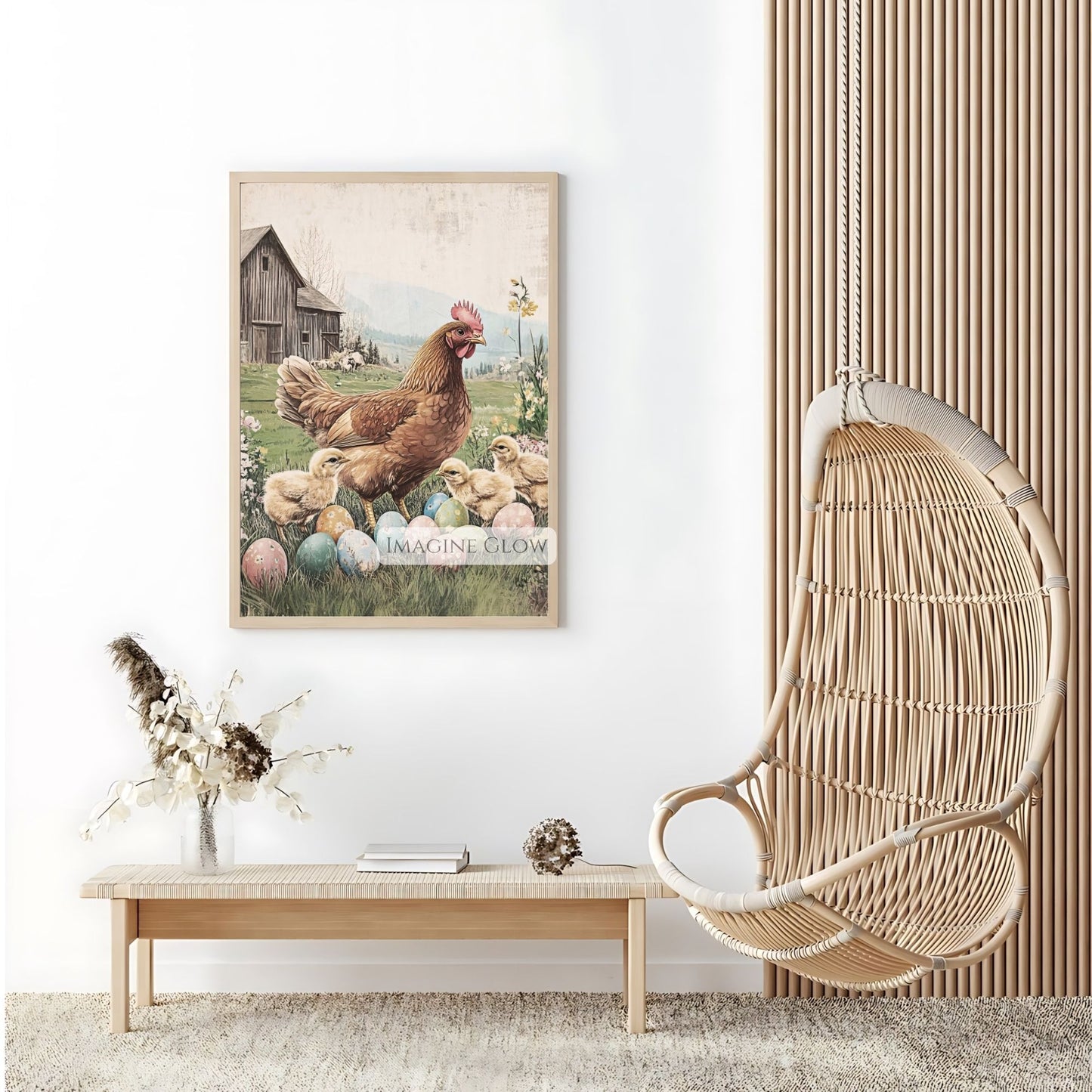 Rustic barn art with hen, chicks, and colorful Easter eggs.