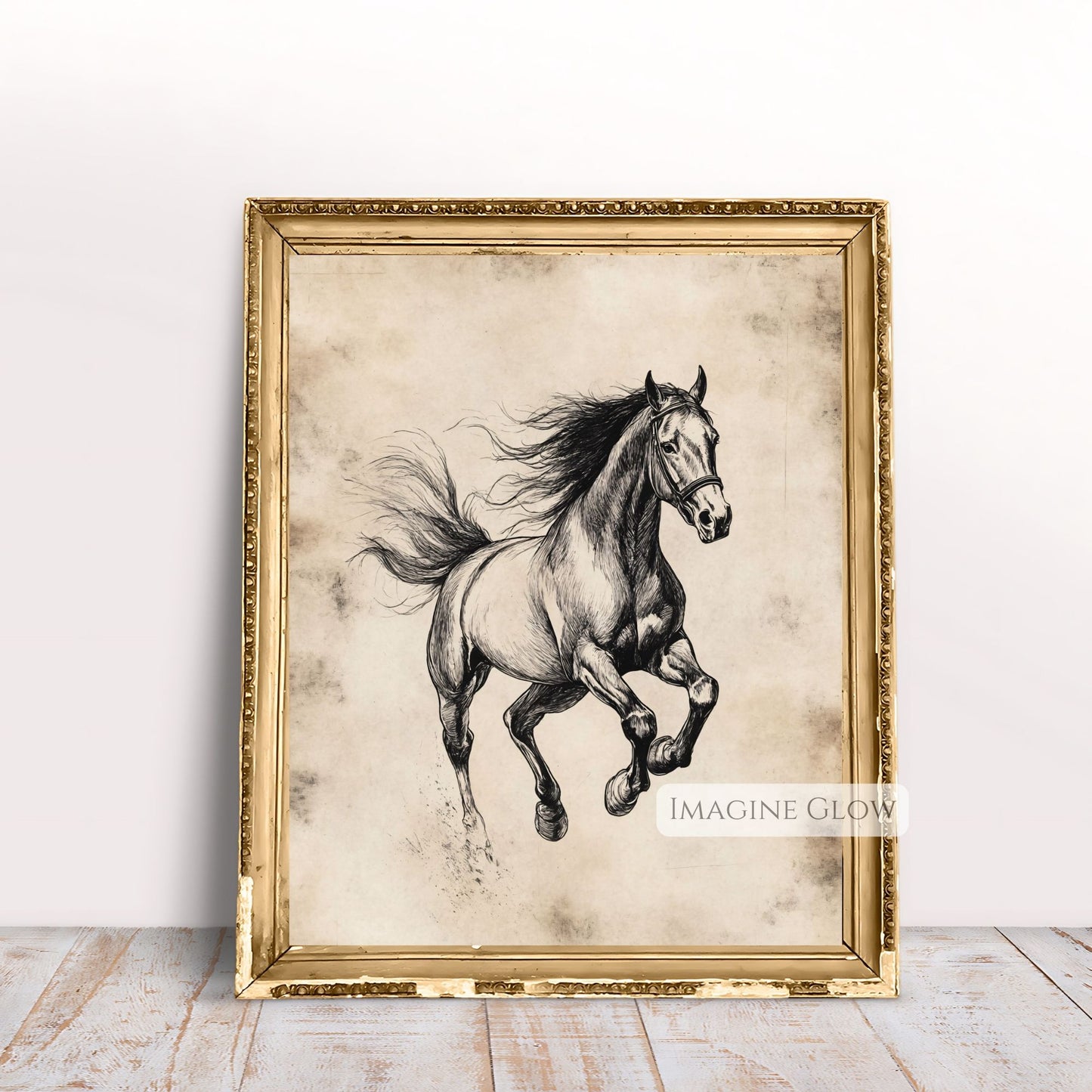 Dynamic vintage horse sketch art for country farmhouse decor.