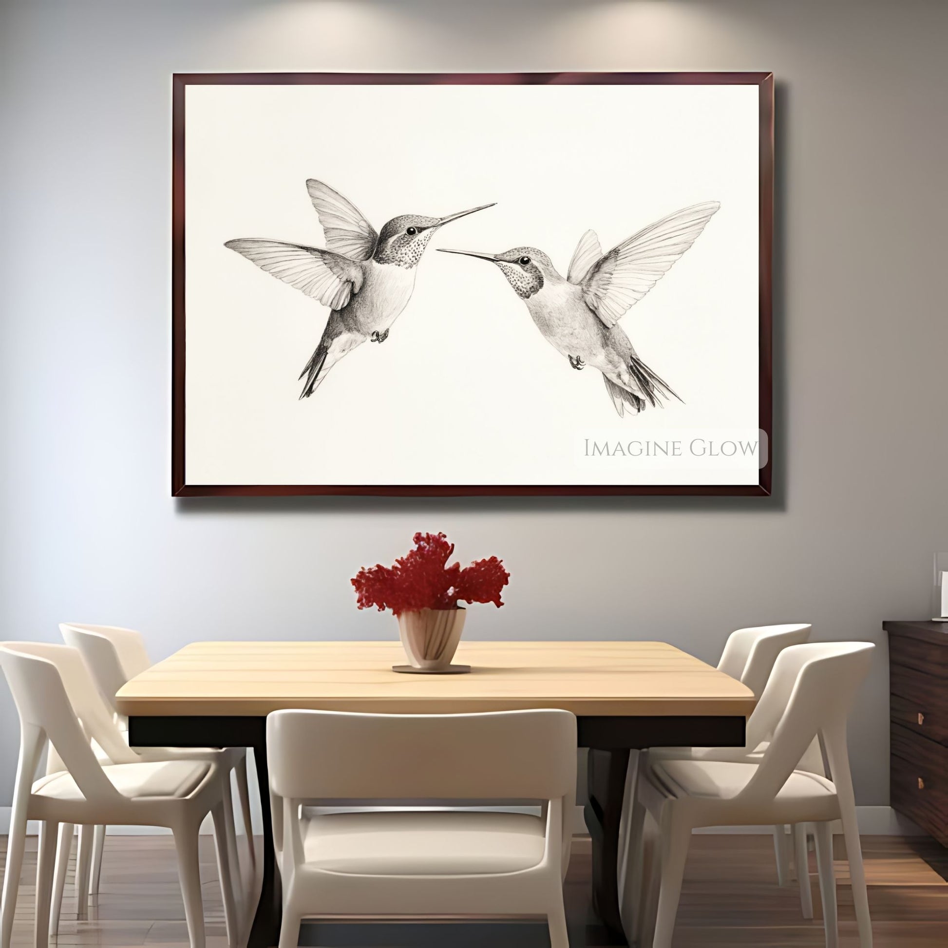Two graceful hummingbirds in a detailed sketch print.