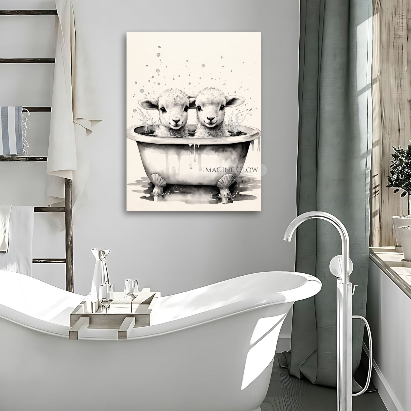 Whimsical lambs taking a bath vintage-style wall art