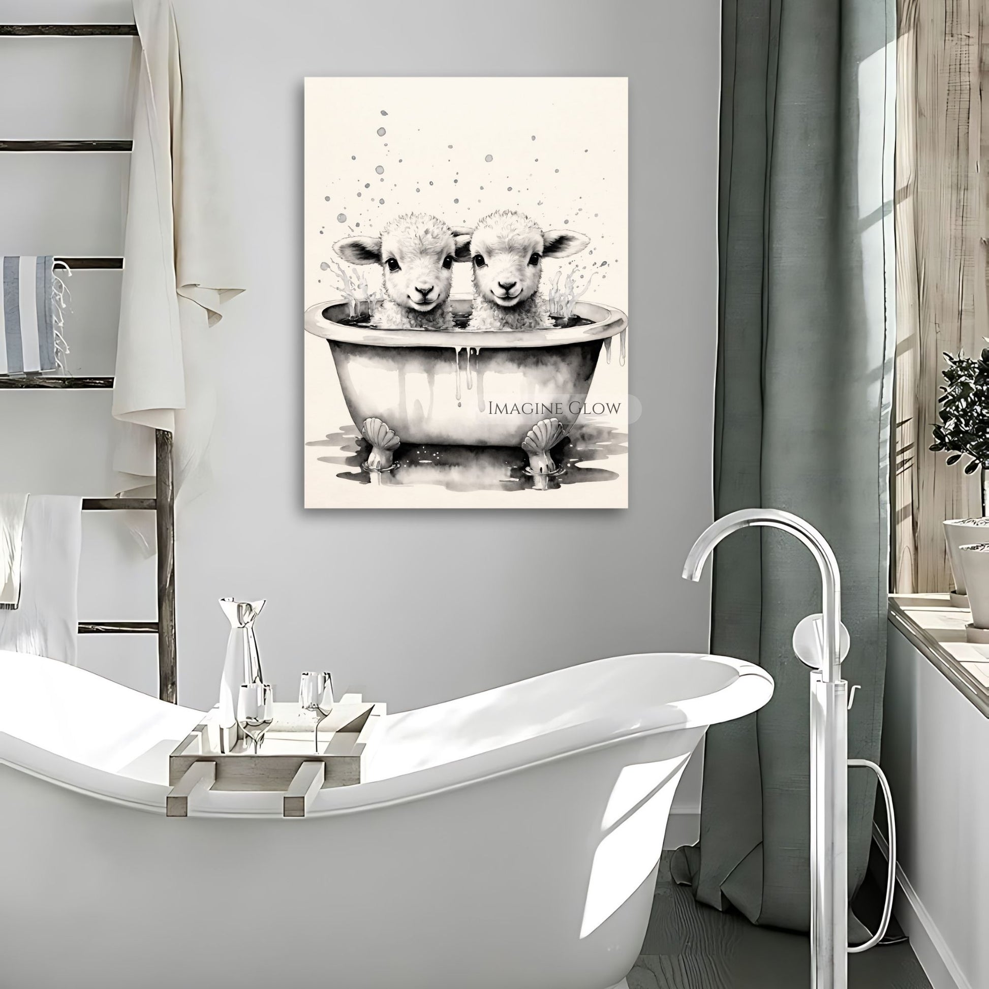 Whimsical lambs taking a bath vintage-style wall art