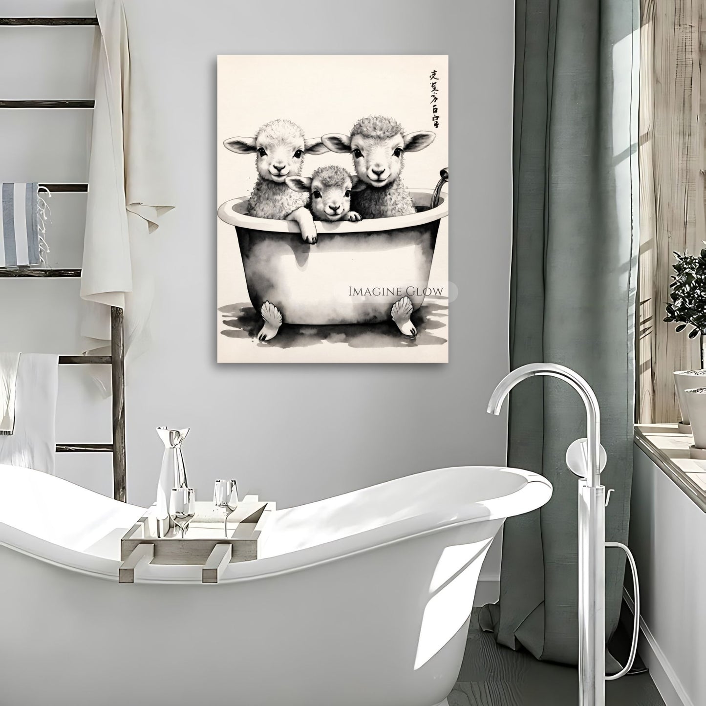 Playful lamb wall art print for guest or kids’ bathroom