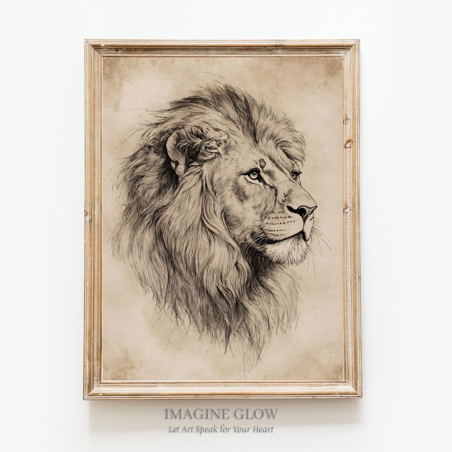 Vintage lion sketch art print for wildlife home decor.