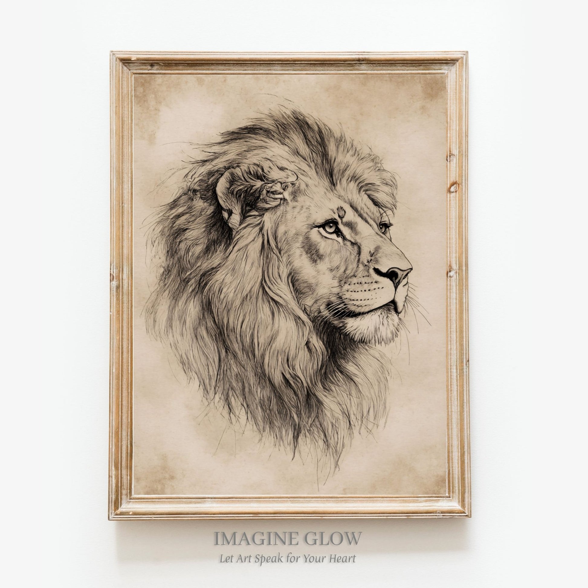 Vintage lion sketch art print for wildlife home decor.