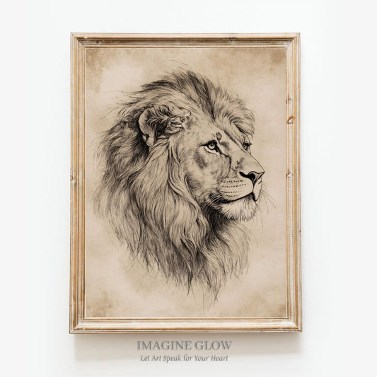 Vintage lion sketch art print for wildlife home decor.