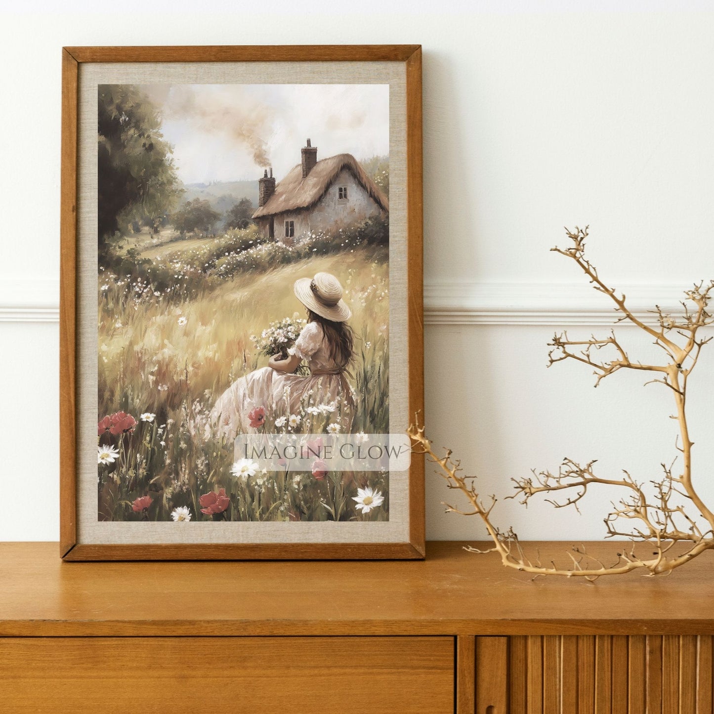 Vintage-style spring landscape with woman gathering flowers.