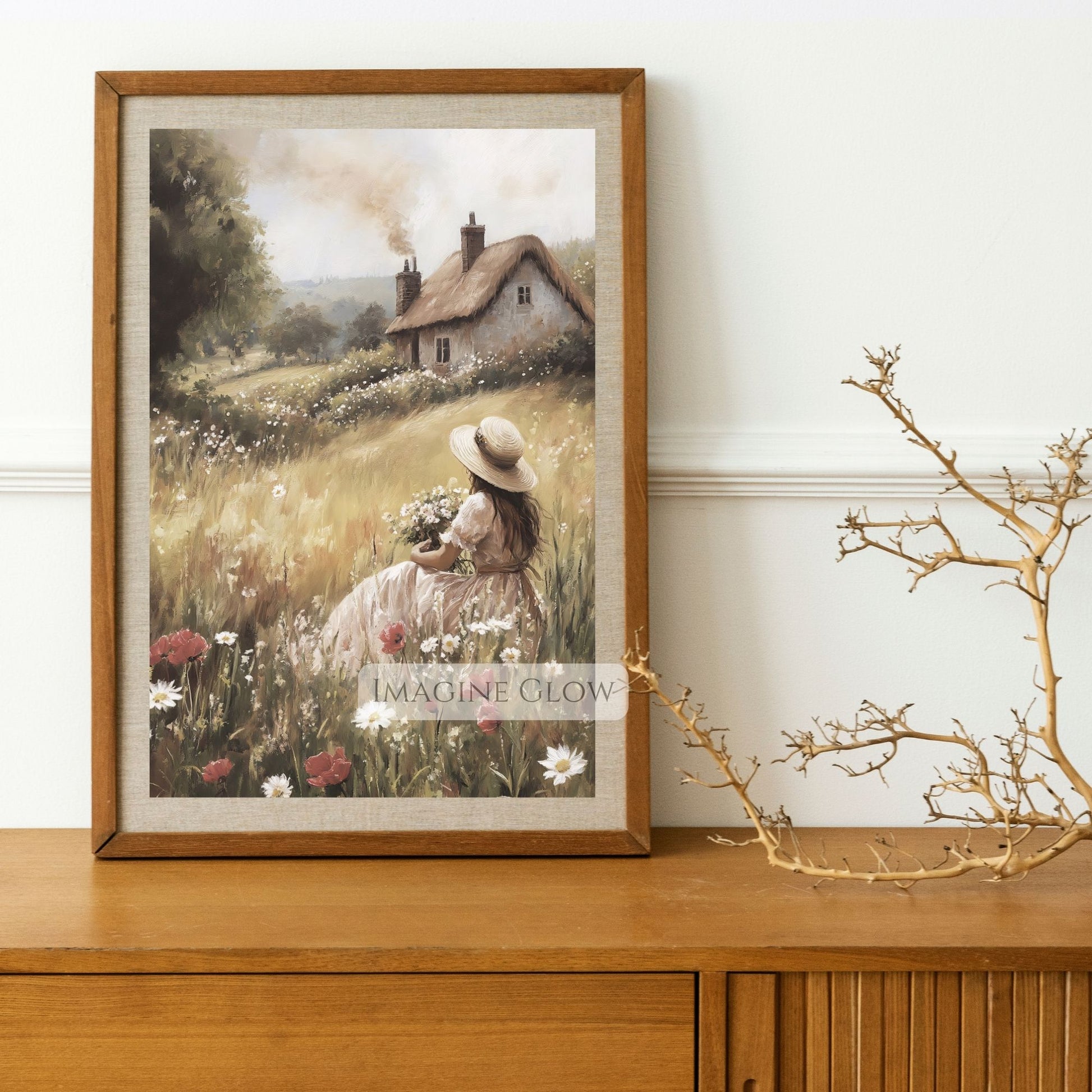 Vintage-style spring landscape with woman gathering flowers.