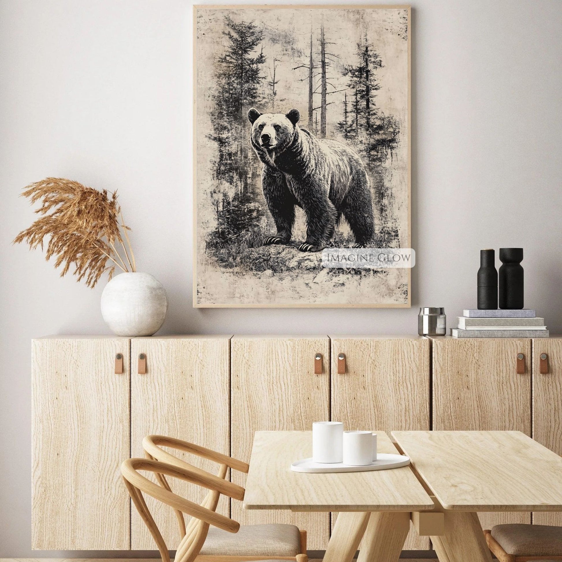 Vintage-inspired bear in forest nature art.