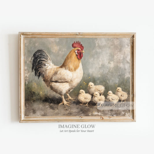 Vintage oil painting of chicken with chicks