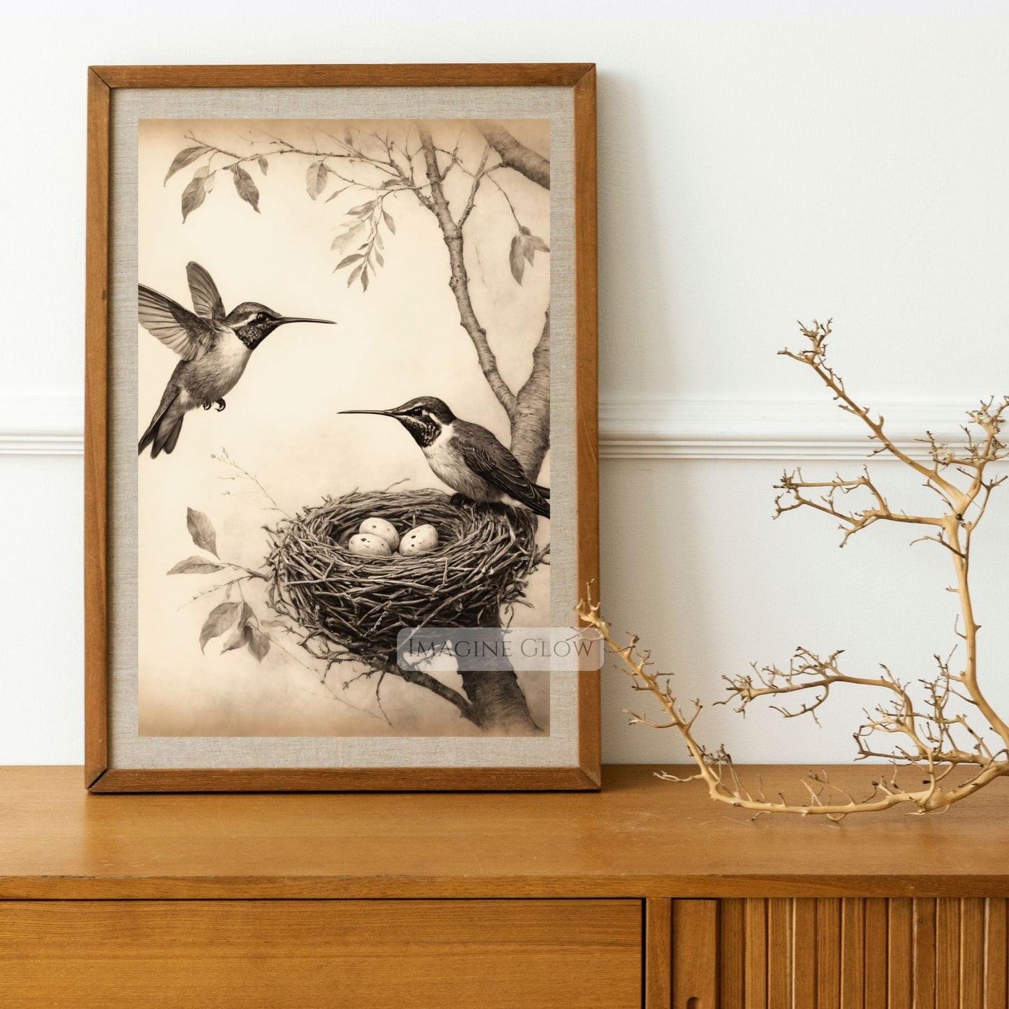 Vintage hummingbirds with nest and eggs art print