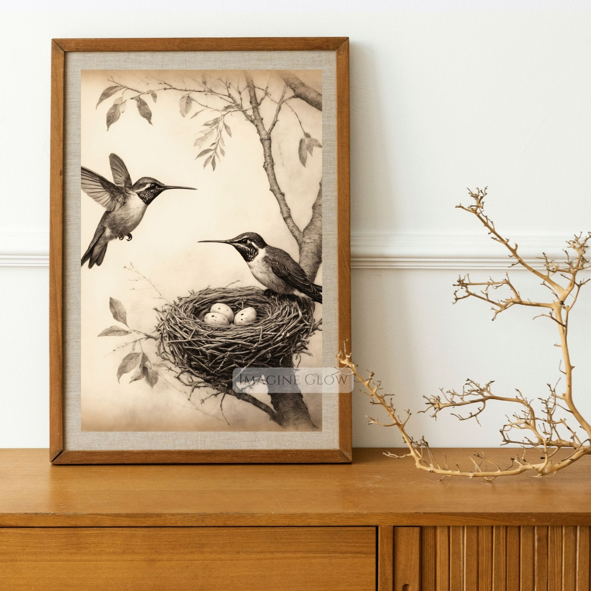 Vintage hummingbirds with nest and eggs art print