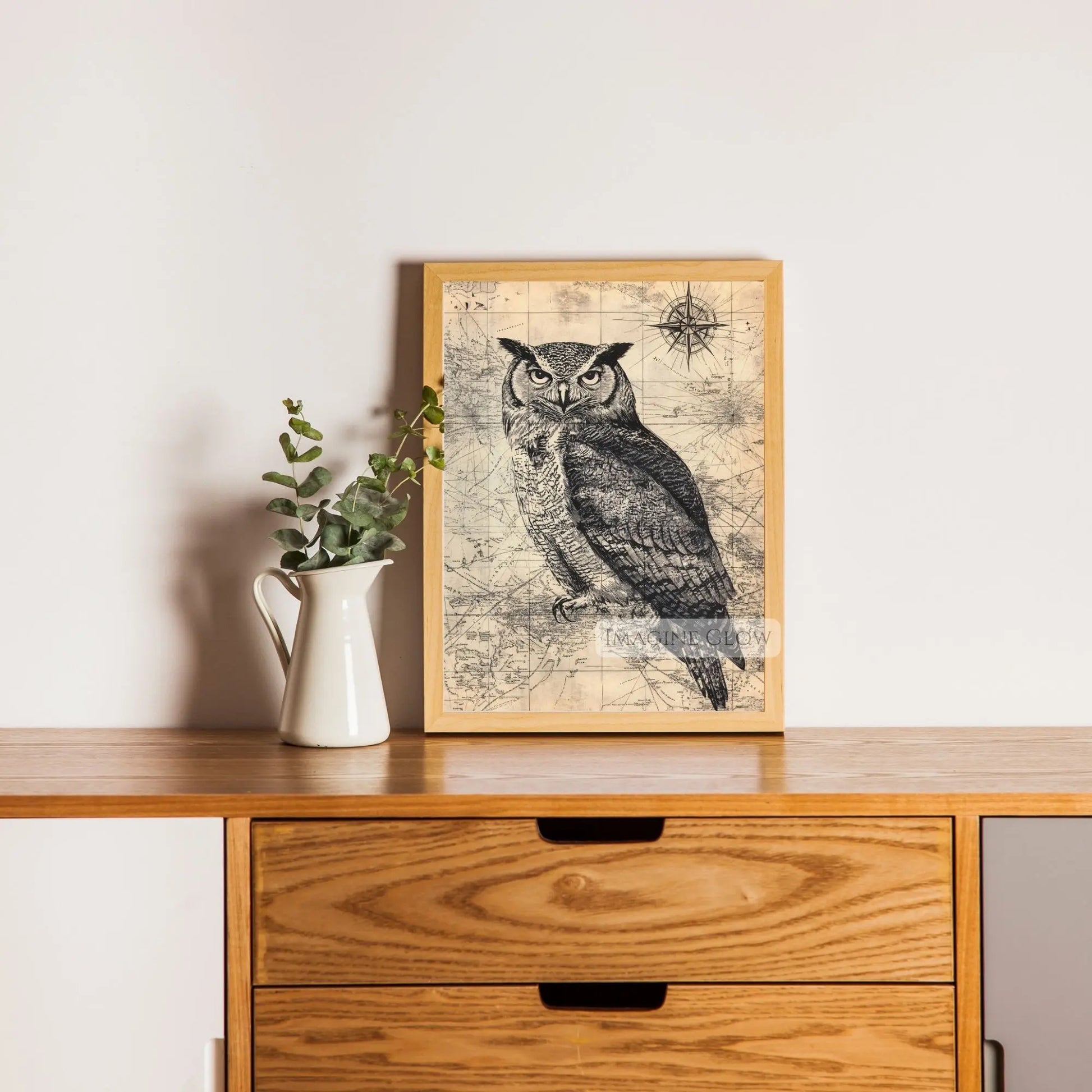 Black and white owl vintage map wall art