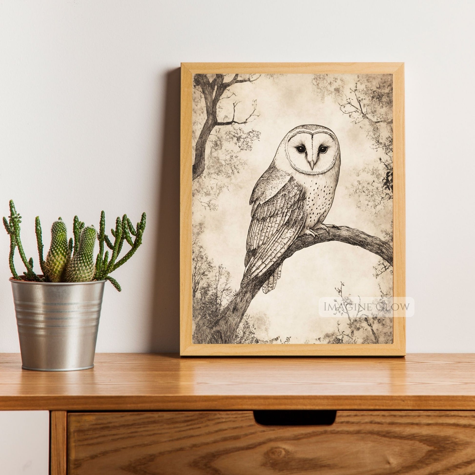 Hand-drawn owl sketch vintage print for rustic home decor.