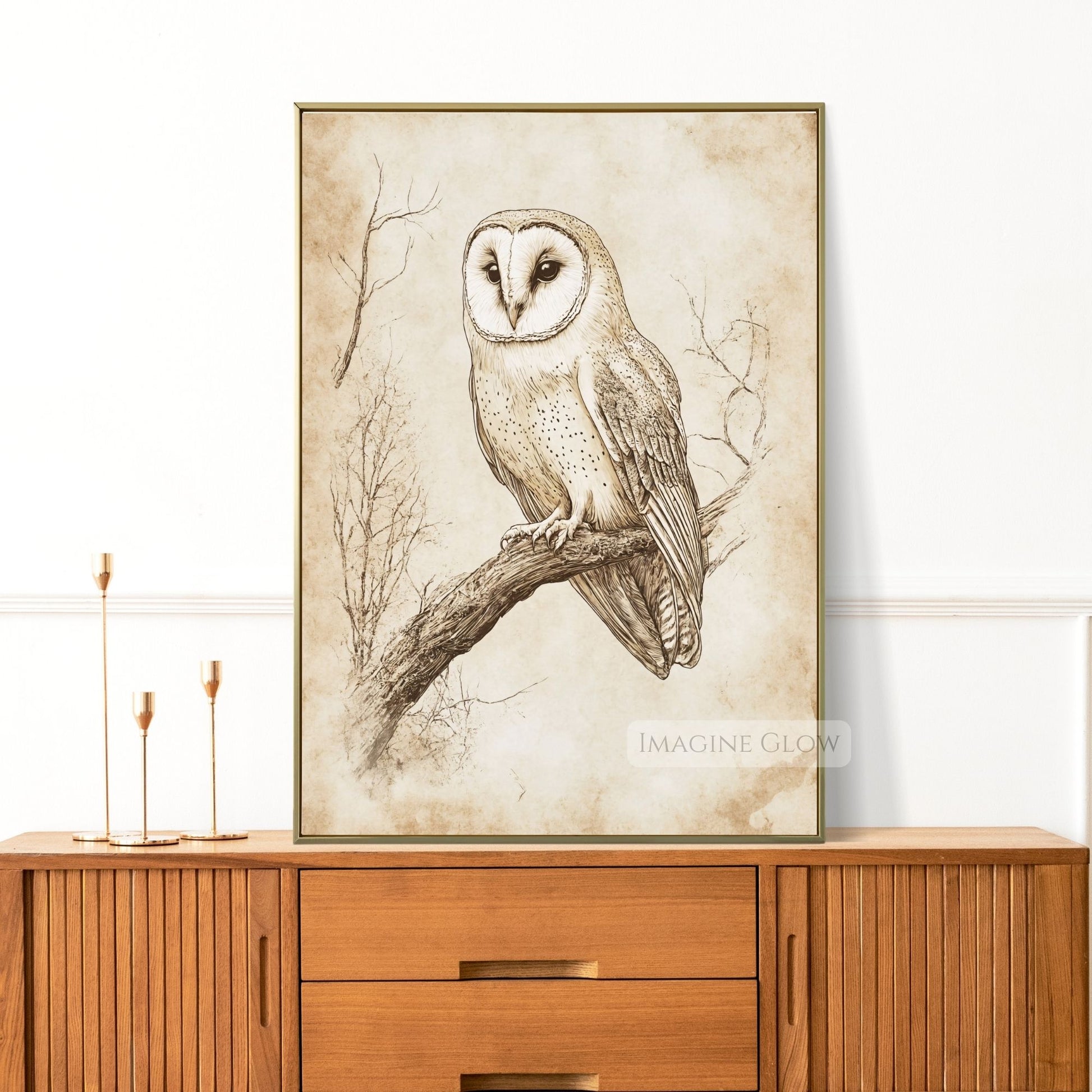 Vintage hand-drawn owl art for rustic home interiors.