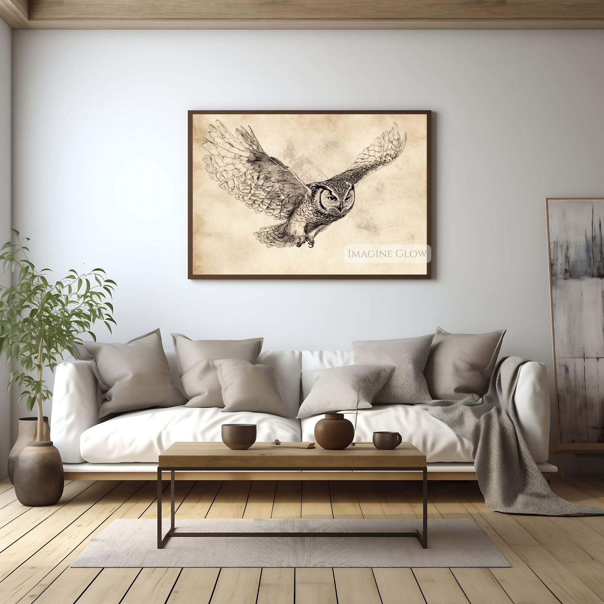 Woodland owl artwork for cabin and study walls.
Black and white owl sketch printable artwork.