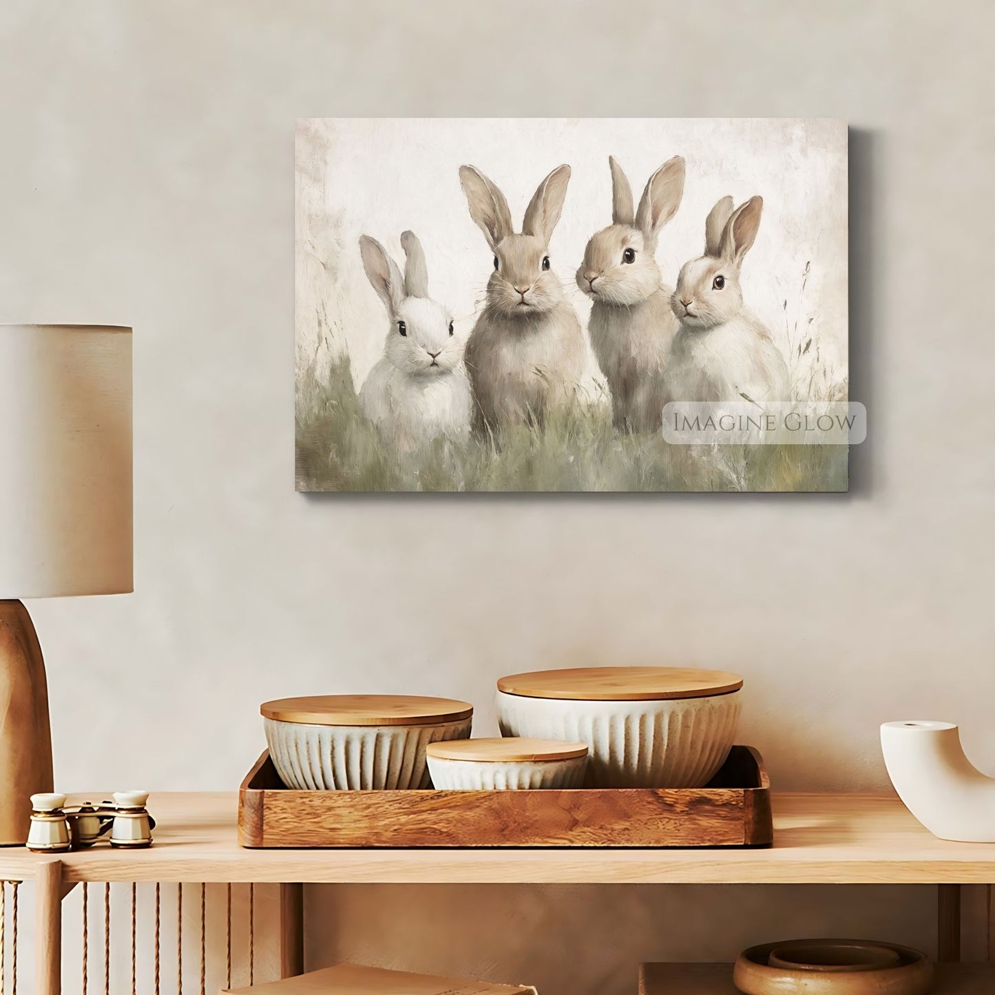 Four bunnies enjoying a green field - vintage animal art
Charming vintage rabbit art featuring four bunnies in nature