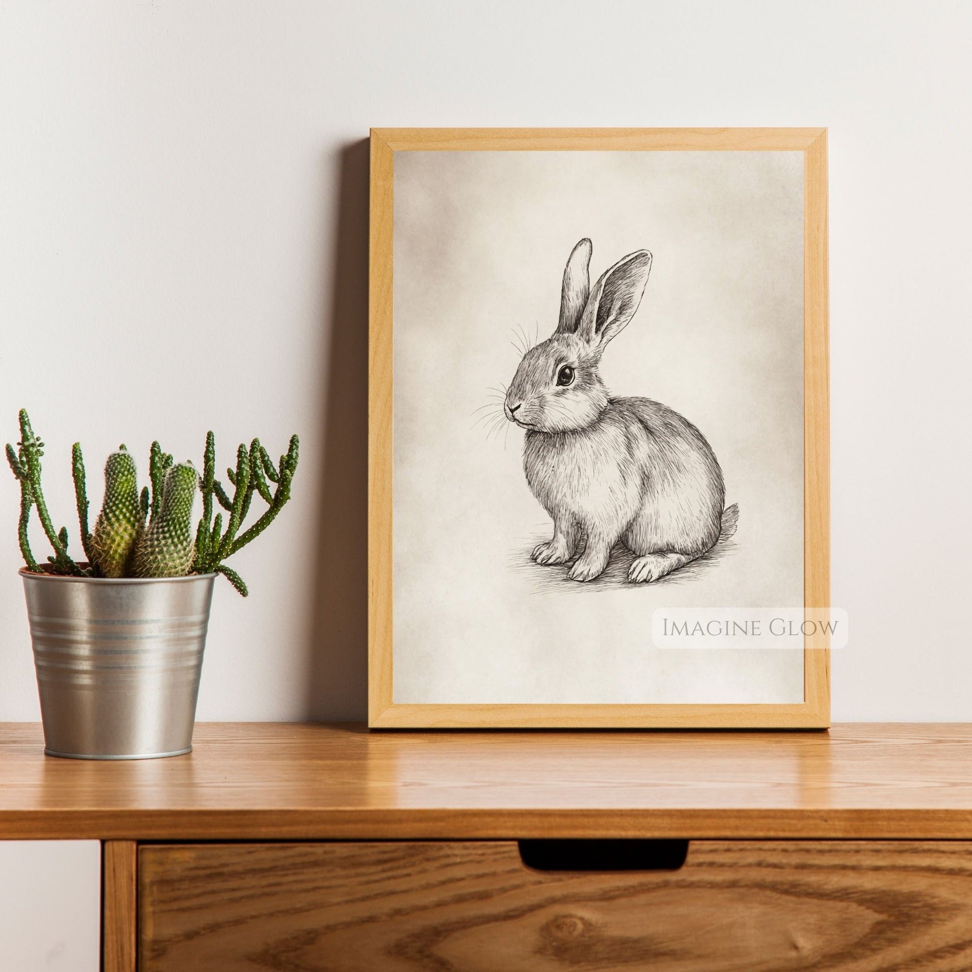 Hand-drawn rabbit illustration for nature-inspired interiors.