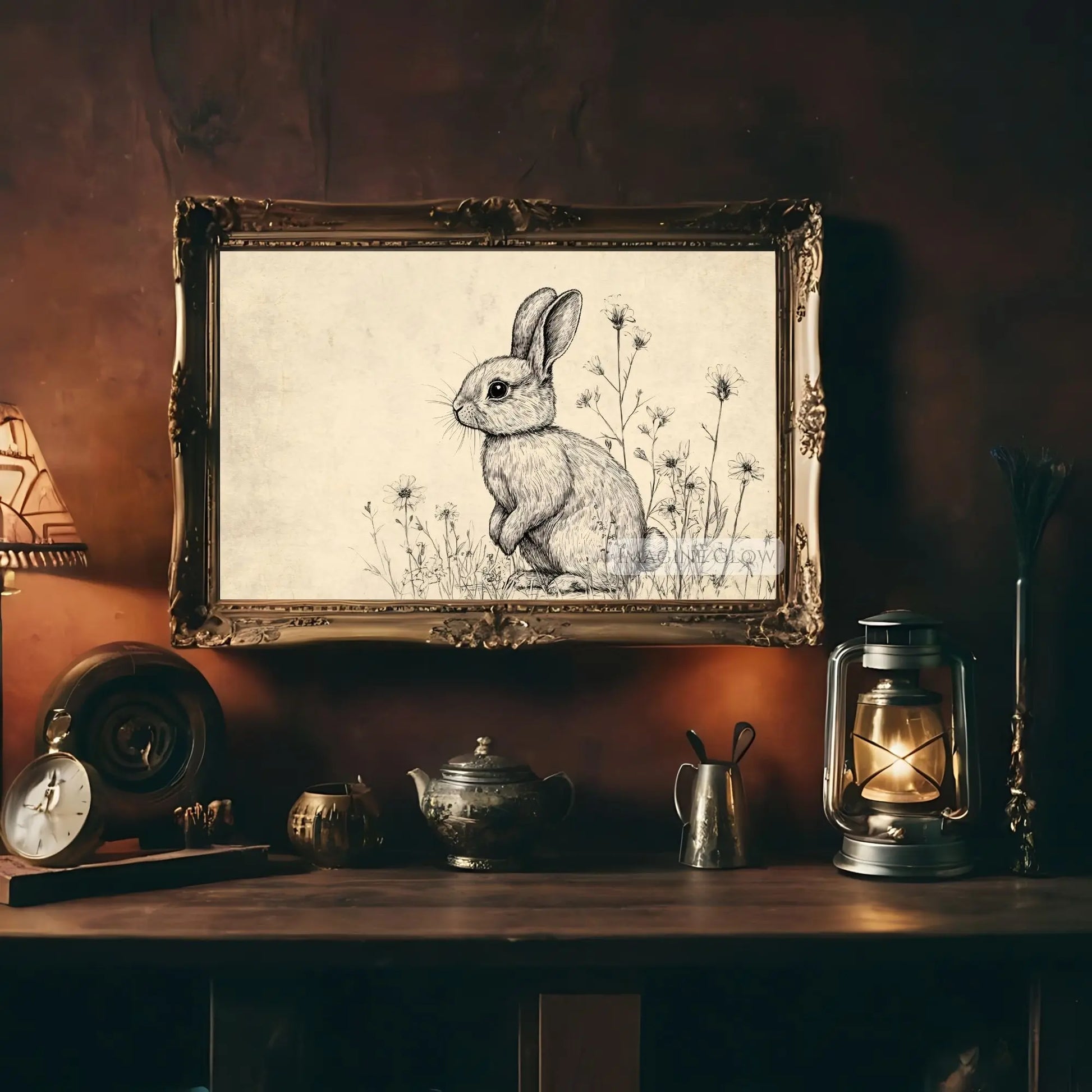 Easter bunny wall art with a pastoral countryside theme.