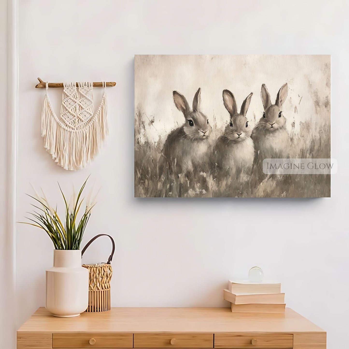 Cozy rabbit print with three bunnies in a field Farmhouse-style artwork of three rabbits in the wild
