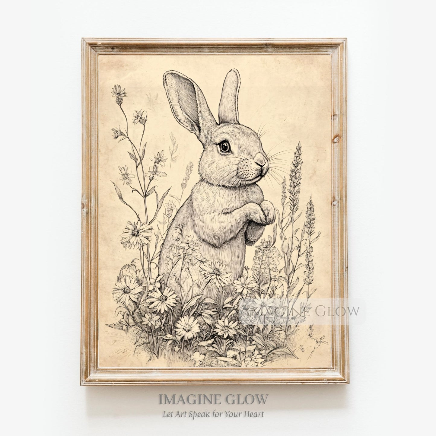 Vintage rabbit sketch with floral details for home decor.