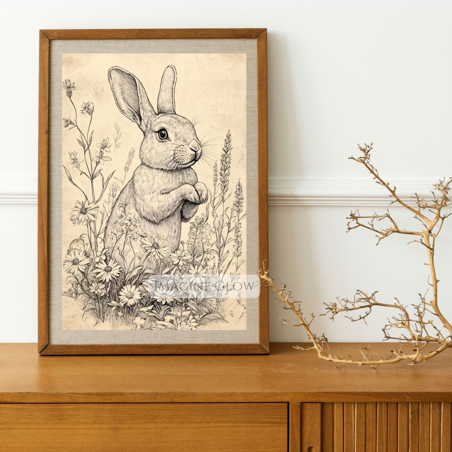Timeless rabbit art print for rustic home decor.