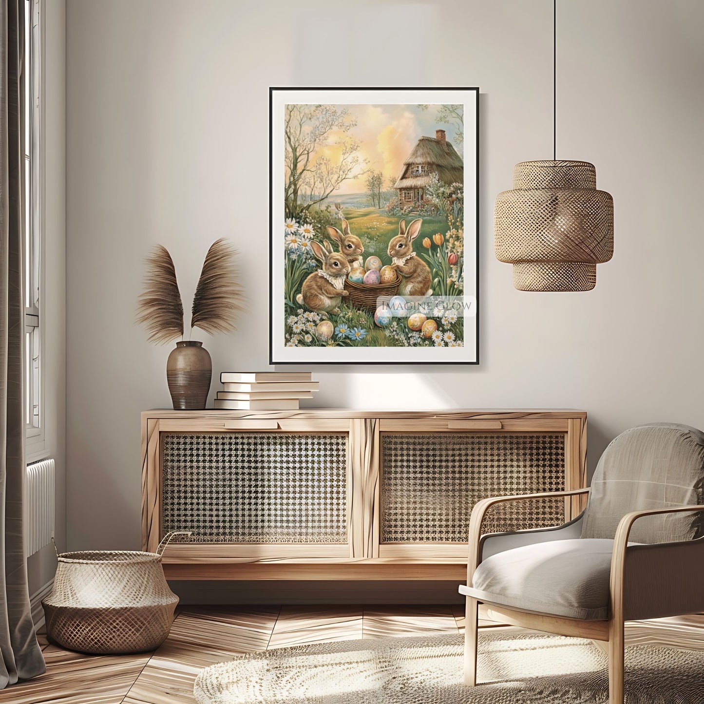 Easter-themed art print with Victorian rabbits and eggs in spring meadow.